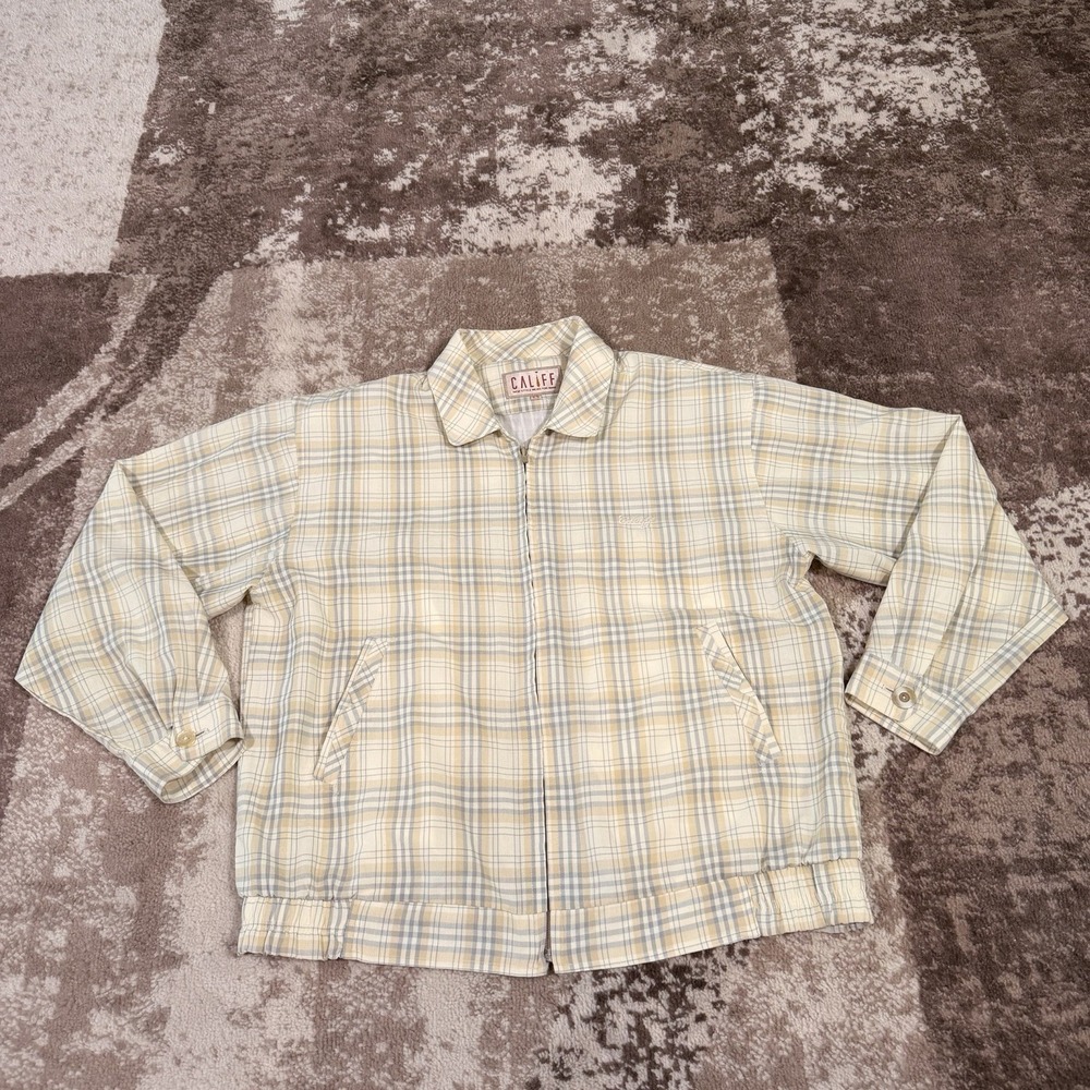 VTG Califf Lined Bomber Jacket Mens Large Cream Check Full Zip Y2K Retro Light